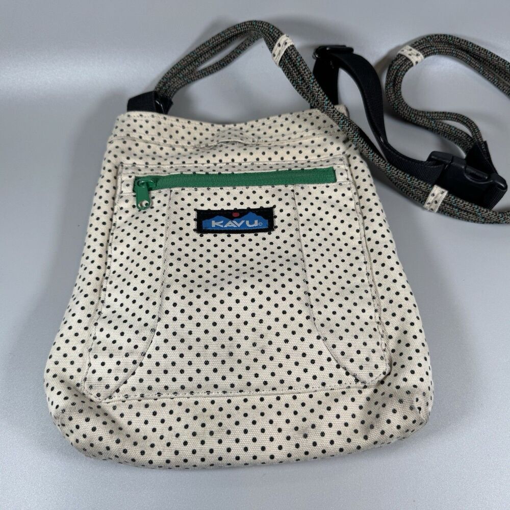 KAVU Satchel Keeper Crossbody Bag Purse 8”x10” Cream Polka Dot